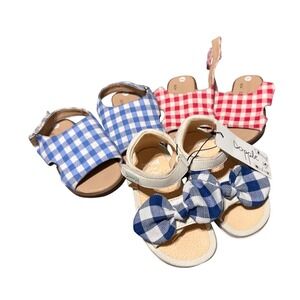 NEW 3 Baby Girl Sandals Gingham Hook & Loop White Red Blue Bow Spring Summer